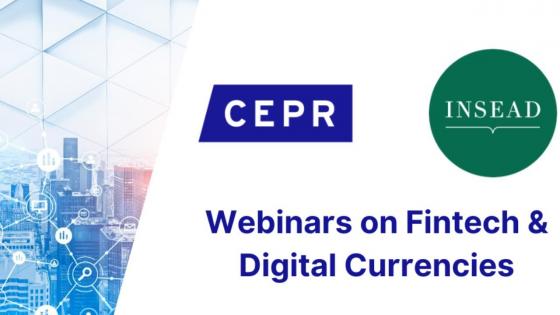 White background with blue text "Webinars on Fintech & Digital Currencies" with affiliated logos 